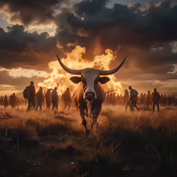 people walk through the field as a steer with large horns is surrounded by a pack of dead animals