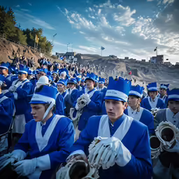 a group of people dressed in blue and white marching