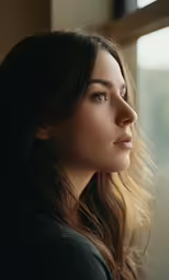 an attractive young woman looking outside of the window