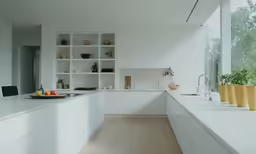 modern white kitchen with white cabinets and hardwood flooring
