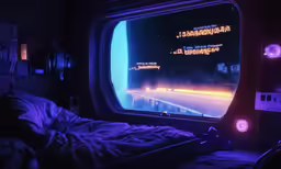 a neon room features a projection of traffic on the wall