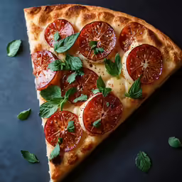 a slice of pizza has tomato and green leaves on top
