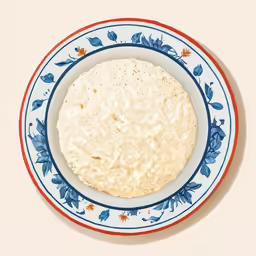 a tortilla is served in a red, white and blue china plate