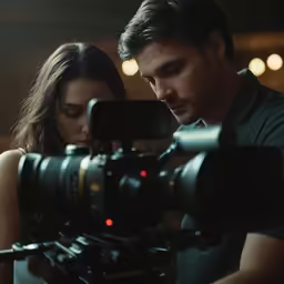 a man and woman staring down at a video camera