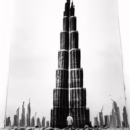 a man standing next to two skyscrapers on a beach
