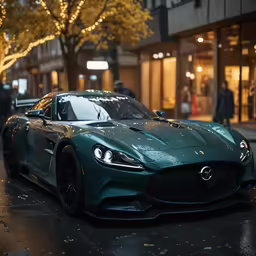a large green sports car parked next to a couple of people