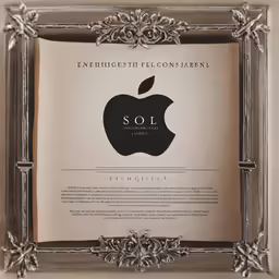 an open book with an apple logo in a silver frame