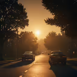 cars driving down a road with the sun shining brightly