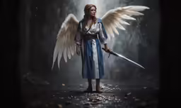 a beautiful woman in an angel costume holding a sword