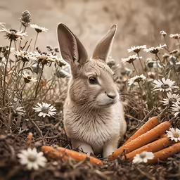 a rabbit and some carrots laying in the dirt