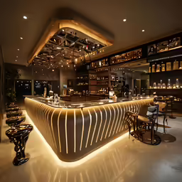 an elegantly lit bar with gold accents and wooden bar stools