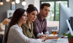 three people in front of computer screen one is holding his hand out to someone else