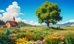 a painting with some colors of flowers in front of a tree