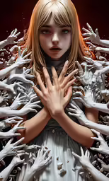 a young girl is standing in front of some white hands