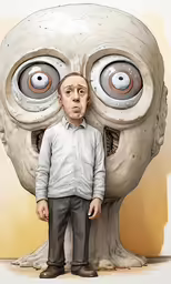 a drawing of a person standing in front of a drawing of an eyeball