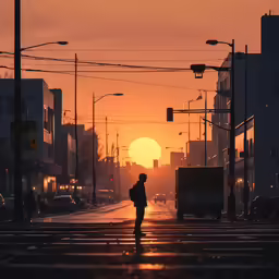 a person is walking across an intersection as the sun sets
