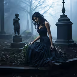 a woman in a dress stands at the cemetery,the woman is posing for a photograph at the cemetery