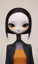 the image shows an asian girl with black hair and long, blunted ears, but a black and white suit and orange dress are combined with the head and yellow shirt