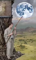 a boy that is holding a large stick