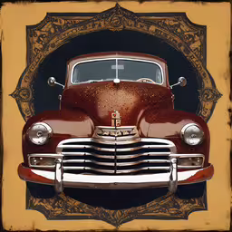 a vintage photograph of an old red truck with a decorative background,a car with a vintage design on the front and side