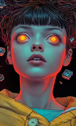 a woman with orange eyes staring in the distance