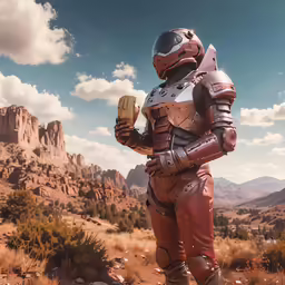 a futuristic man standing in the middle of the desert