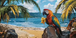 parrot sitting on a branch overlooking a tropical beach