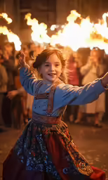 a young girl in traditional polish folk costume performs with fire