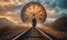 a person standing in front of a large clock on train tracks