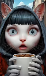 a young girl with cat ears eating some cereal