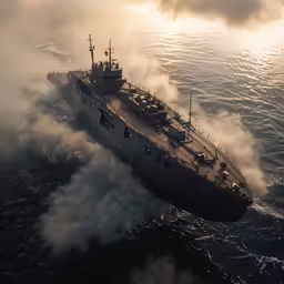 an aircraft flying over a large boat in the ocean
