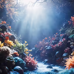 a river surrounded by different types of flowers