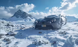 an suv is stuck in the middle of the snow