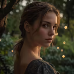 a beautiful woman with long hair wearing a dress and looking up