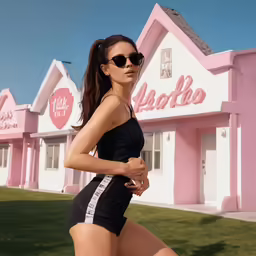 a woman in a bathing suit and sunglasses walking outside