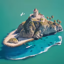 an island is in the middle of the water