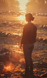 a young girl standing by the fire and looking out into the distance