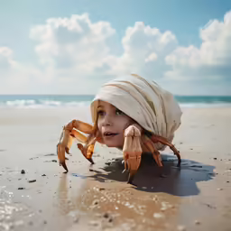 a little girl is wearing a hat and playing on the beach