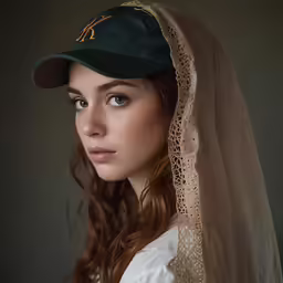 woman with a veil on head wearing a hat