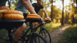 two people riding bicycles holding pastries near each other