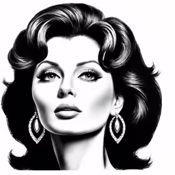 an artistic drawing of a woman with dark hair and big earrings