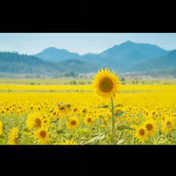 sunflowers bloom in front of a mountain range