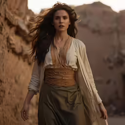 a woman walking through a desert like area with a stone building in the background