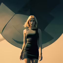 a woman in a short dress stands in front of a large circular object