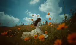 a woman sits alone in a field full of yellow flowers