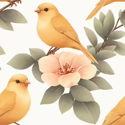 two yellow birds and pink flowers on white background
