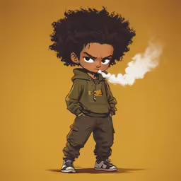 a cartoon character with black hair standing next to an orange background