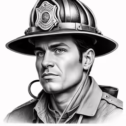 a black and white drawing of a fireman