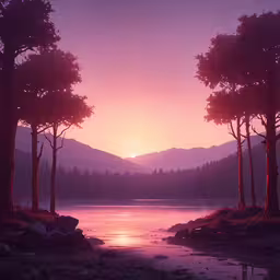 the sunset shines over the mountains, trees, and lake,some trees water rocks and a sky