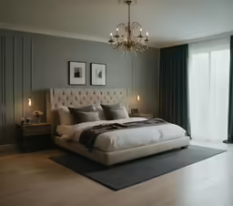 a bedroom with green walls and curtains and a large bed